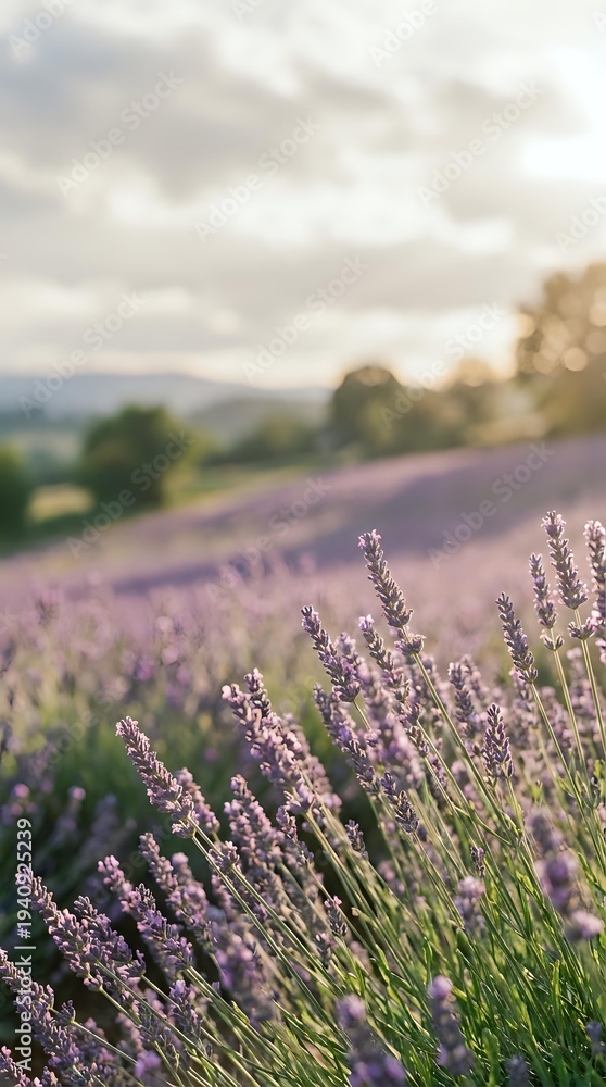 Obraz premium Lavender field in soft focus with purple flowers blooming in countryside landscape during golden hour sunset light creating peaceful agricultural scene.