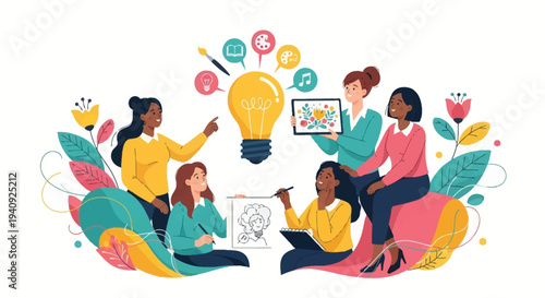 Illustration of diverse women celebrating International Women's Day with colorful design elements and icons on a white background.