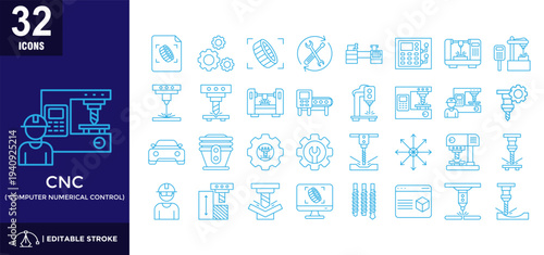 Set of 32 Computer Numerical Control (CNC) icons in line blue style.