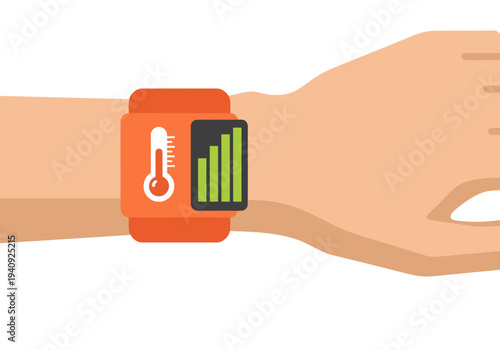 vibrant illustration showcases a smart watch with a temperature sensor patch on a wrist The design features a modern flat style with a blue background and orange accents