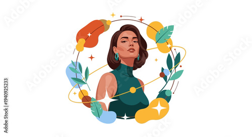Illustration of a woman icon surrounded by colorful design elements, celebrating International Women's Day on a white background with a mix of floral and abstract art.