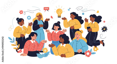 Illustration of diverse women celebrating International Women's Day with colorful design elements on a white background.