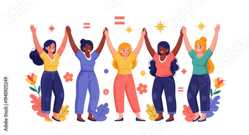 Illustration of diverse women celebrating International Women's Day with raised hands in a colorful design on a white background.