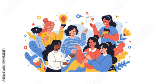 Illustration of diverse women celebrating International Women's Day with colorful design elements on a vibrant background.