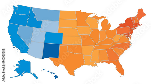 USA Map with States Color Coded in Blue and Orange Gradient for Data Visualization and Infographics