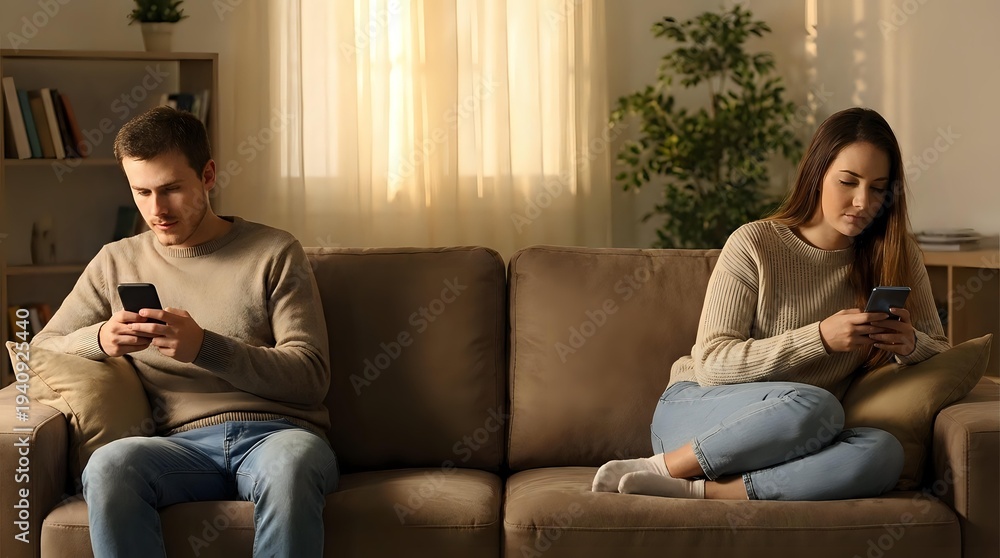 Obraz premium Young couple sitting apart on couch using smartphones, relationship problems, communication issues, social media addiction in modern living room.