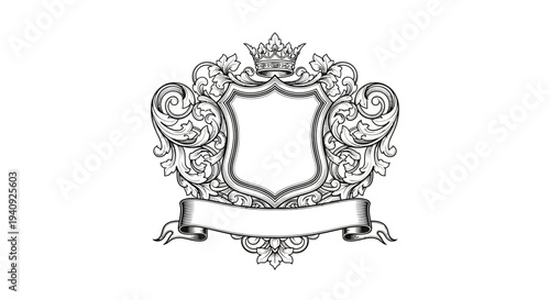 Ornate Crest with Blank Shield and Ribbon.