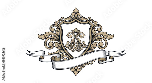 Ornate Crest with Lion and Ribbon Banner.