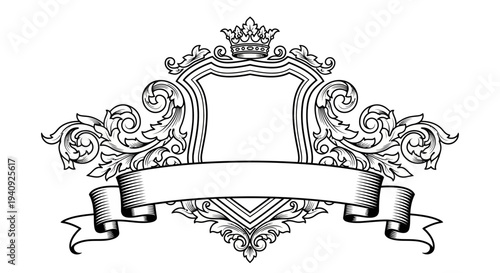 Ornate crest with crown and ribbon banner.