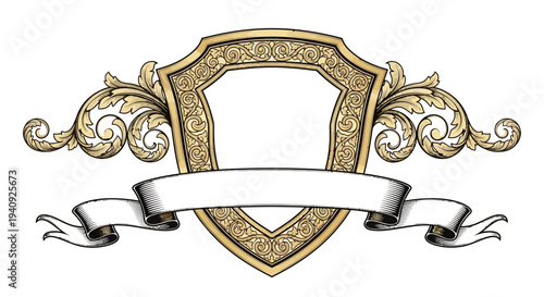 Ornate Gold Shield Crest with Ribbon Banner.