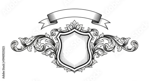 Ornate Shield with Floral Decorations and Ribbon.