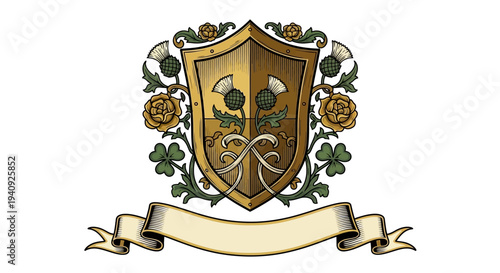 Vintage Shield Crest with Ribbon Banner.