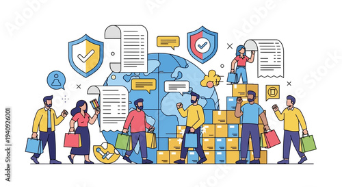 Colorful illustration of people engaging in online shopping and transactions on World Consumer Rights Day with a focus on e-commerce security and rights.