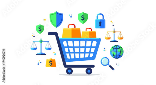 Colorful vector illustration of a shopping cart surrounded by icons representing online transaction security, consumer rights, and e-commerce on World Consumer Rights Day.