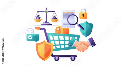 Colorful vector illustration of a shopping cart surrounded by symbols representing transaction security and consumer rights on World Consumer Rights Day, with a handshake and various icons