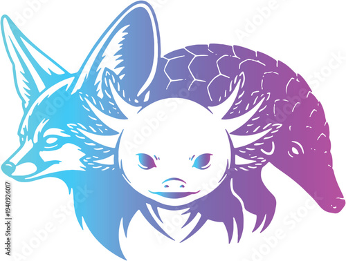 Fennec Fox Axolotl and Pangolin Vector Trio, Colorful Gradient Wildlife Animal Illustration