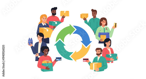 Colorful illustration of diverse people engaging in online transactions and shopping on World Consumer Rights Day with a focus on transaction security and ecommerce.