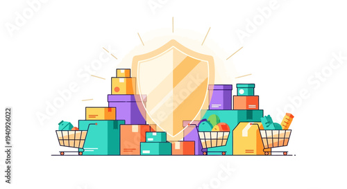 Colorful vector illustration of shopping carts and products with a shield symbolizing transaction security on World Consumer Rights Day for online shopping and e-commerce with a focus on