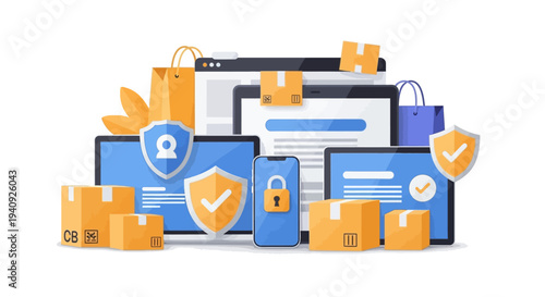 Colorful vector illustration of online shopping and transaction security icons on a white background for World Consumer Rights Day, symbolizing e-commerce and buyer protection.