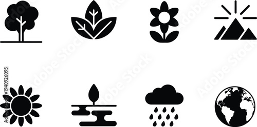 Nature and environment icons with tree leaves flower mountain sun cloud rain earth symbols