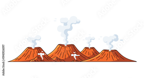 Four stylized cartoon volcanoes, colored in orange and brown, are actively erupting with white smoke plumes rising from their distinct peaks.