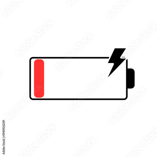 Low powered battery, electronic devices charging symbol in the red with small lightning
