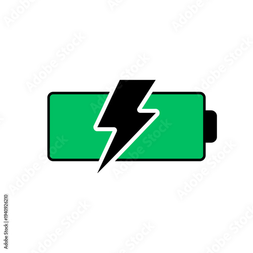 Fully powered battery, electronic devices charging symbol in the green with large lightning
