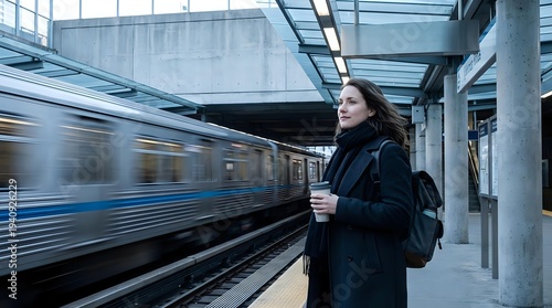 Young professional woman waiting for train at modern subway station platform during commute holding coffee cup in urban transit system.