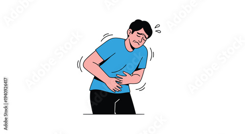A cartoon man with dark hair and a blue shirt stands hunched over, clutching his stomach with both hands, indicating severe abdominal pain.