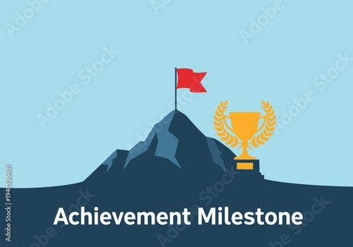 Summit Peak Red Flag Golden Trophy Laurel Wreath Mountain Landscape Business Success Goal Reaching Concept