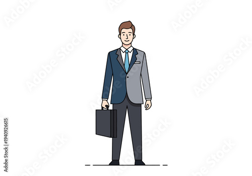 Male professional standing confidently with a briefcase showing a split color suit symbolizing duality and business contrast