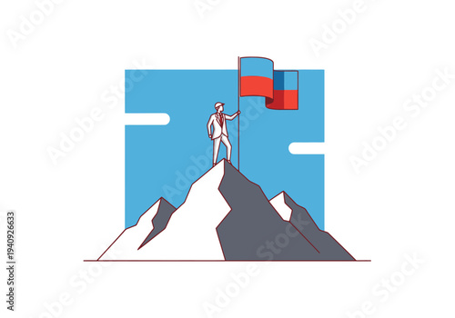 Man in Suit Stands on Mountain Peak Planting Flag Symbolizing Achievement and Success in Business Goals and Corporate Strategy Development
