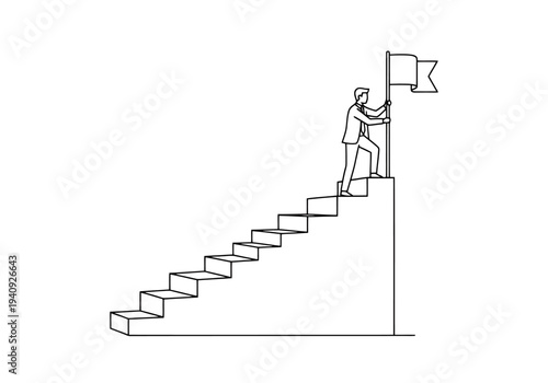 Businessperson climbs stairs to raise flag representing achievement and success at the top of the staircase journey