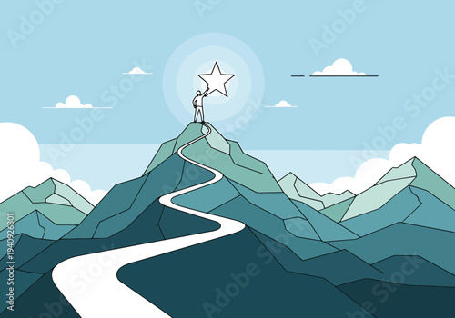 Person Reaching For Star Atop Mountain Summit With Winding Path Leading To Success And Achievement Concept