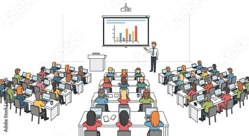A male presenter stands at a podium, gesturing towards a bar chart on a screen, with many students on laptops.