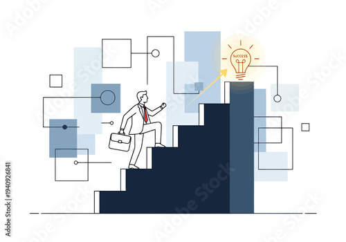 Businessman climbing stairs toward lightbulb representing successful idea and career advancement with abstract geometric background showing progress