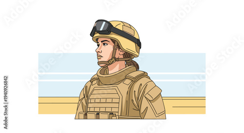 A female soldier in beige combat helmet with goggles and tactical body armor is shown in profile, looking right.