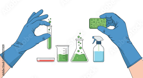 Two gloved hands are actively engaged with various pieces of laboratory glassware and cleaning tools on a pristine white background.
