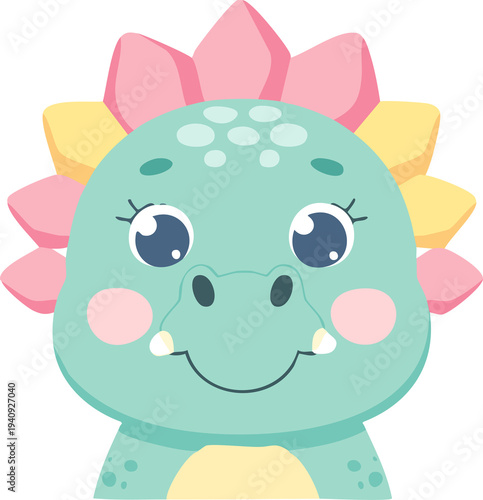 cute baby dinosaur cartoon, smiling dino character, simple shapes, bright pastel colors, nursery illustration, flat design