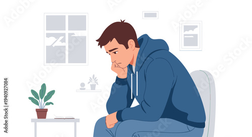 A young man in a blue hoodie sits thoughtfully with his hand on his chin, looking down in an indoor setting.