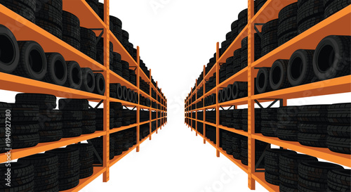 A deep perspective view down a narrow aisle between two tall, orange industrial shelving units filled with countless black vehicle tires.