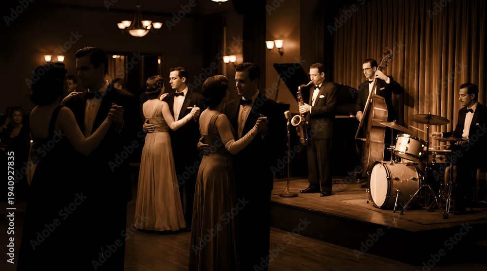 Fototapeta premium Elegant couples dancing to live jazz band performance in vintage speakeasy club with warm atmospheric lighting and classic 1920s ambiance.