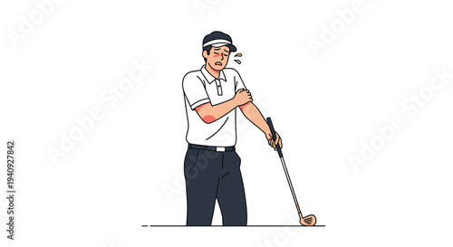 A weary male golfer in a white polo shirt holds his aching shoulder while leaning on a golf club on a plain white background.
