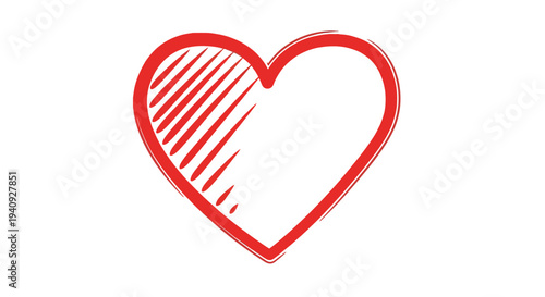 Simple red heart outline vector graphic illustration with one side partially filled by diagonal strokes