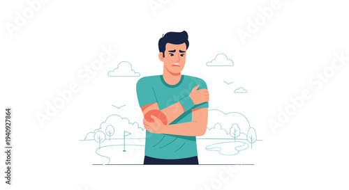 A distressed man in a teal t-shirt clutches his aching elbow with a red pain indicator in a minimalist golf course setting.