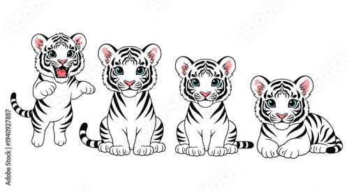 Four adorable white tiger cubs in various playful poses, a charming vector graphic illustration.
