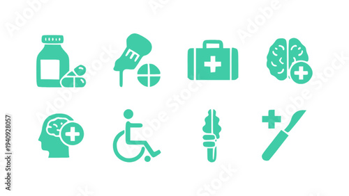 Simple medical icons including wheelchair, brain health, medical kit, and healthcare support symbols.