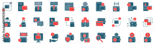 Wallet dual tone style icon collection. Vector illustrations. Change, Mobile Wallet, Income, Cash, Planning, Wrong, Phone, Trade. Pro Vector