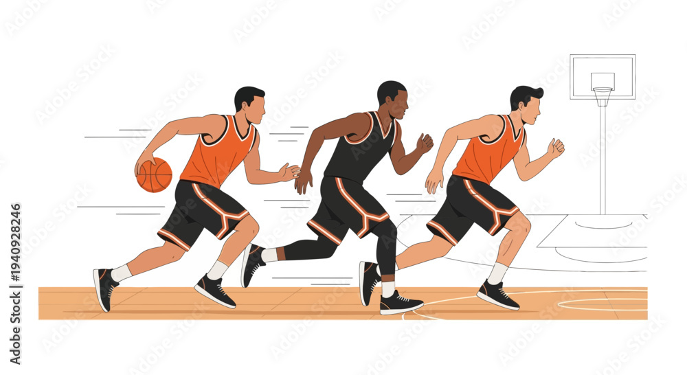 Obraz premium Basketball players running on court, fast break, sports action, competitive game