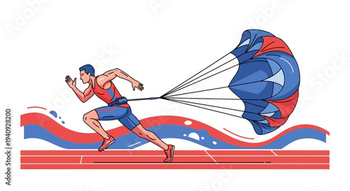 Athlete training with parachute on running track, speed, strength, endurance, fitness, sports